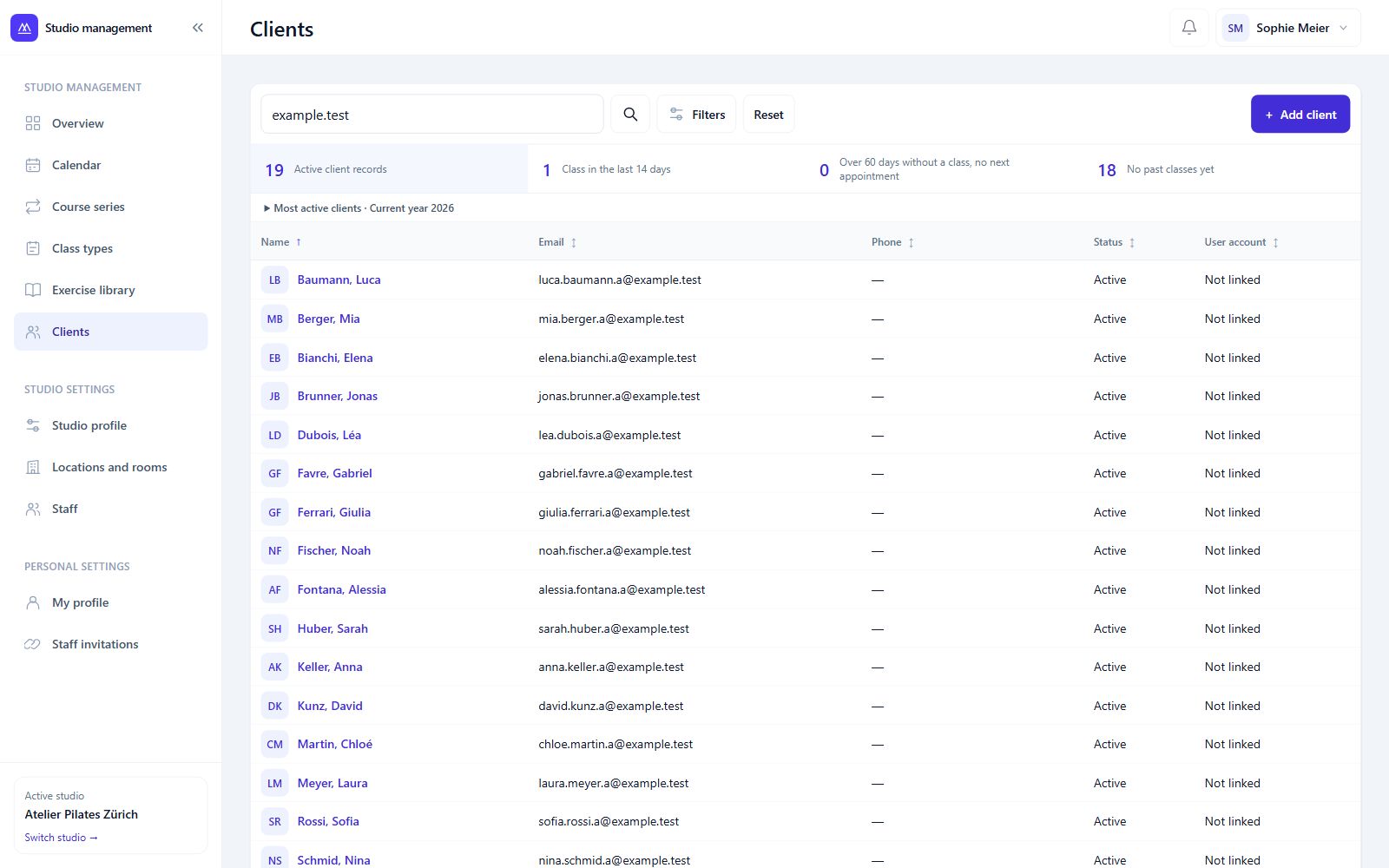 Client management in the local demo with fictional clients and example.test email addresses